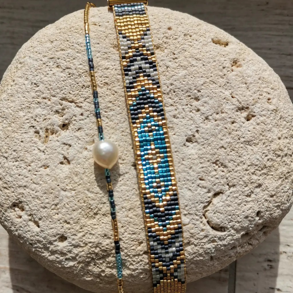 bracelet tissé miyuki turquoise et doré posé sur une pierre