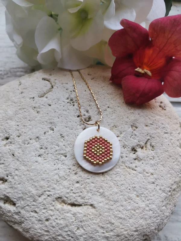 Collier perles Miyuki tissées | palet de nacre | chaîne acier inoxydable – Image 2