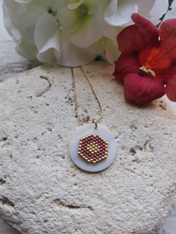 Collier perles Miyuki tissées | palet de nacre | chaîne acier inoxydable – Image 4