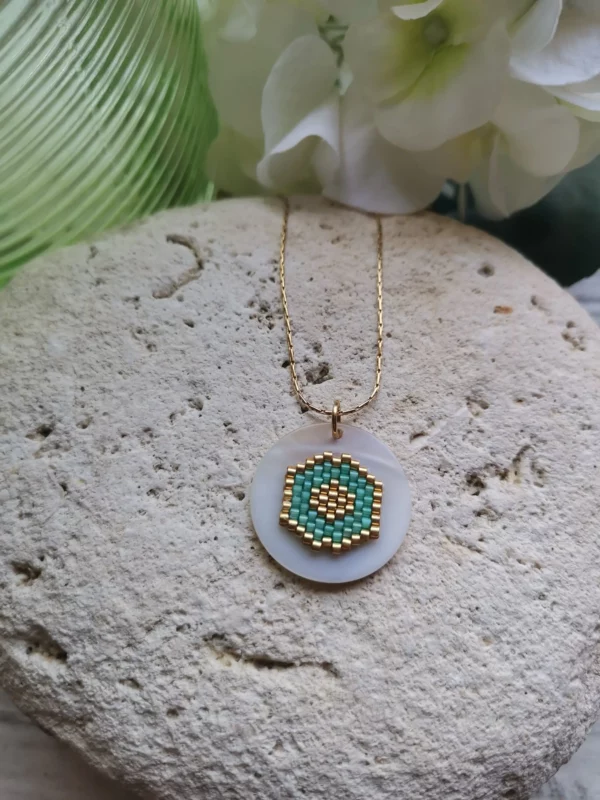 Collier perles Miyuki tissées | palet de nacre | chaîne acier inoxydable – Image 5