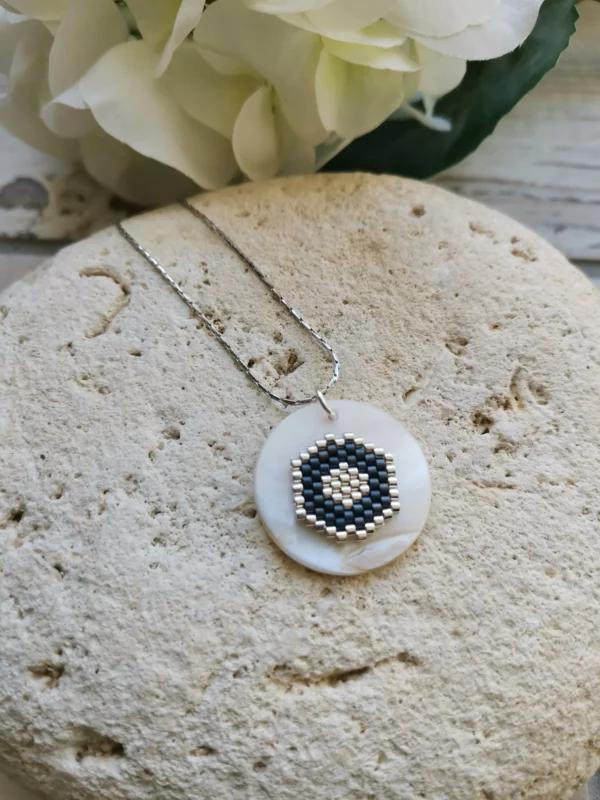 Collier perles Miyuki tissées | palet de nacre | chaîne acier inoxydable – Image 7