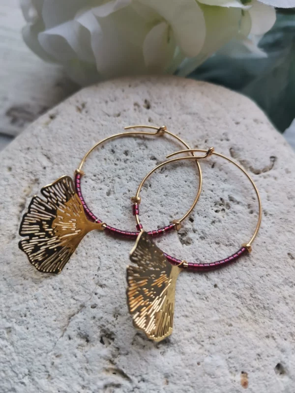 Créoles perles Miyuki | pendentif Ginko | plaqué or 24k – Image 3